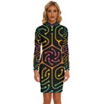 Circuit Hexagonal Geometric Pattern Background Pattern Long Sleeve Shirt Collar Bodycon Dress