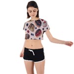Seamless-pattern-with-sweet-cakes-berries Tie Back Short Sleeve Crop T-Shirt