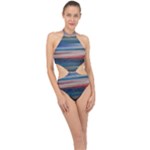 Background Horizontal Lines Halter Side Cut Swimsuit