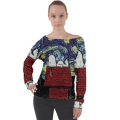 Cartoon Dog House Van Gogh Off Shoulder Long Sleeve Velour Top