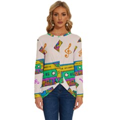 Seamless Pattern With Colorful Cassettes Hippie Style Doodle Musical Texture Wrapping Fabric Vector Long Sleeve Crew Neck Pullover Top