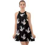 Crane Pattern Halter Tie Back Chiffon Dress