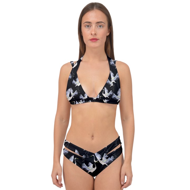 Crane Pattern Double Strap Halter Bikini Set