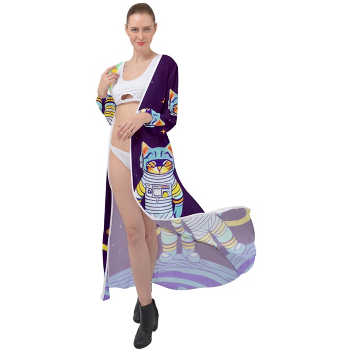 Cat Astronaut Space Retro Universe Maxi Chiffon Beach Wrap
