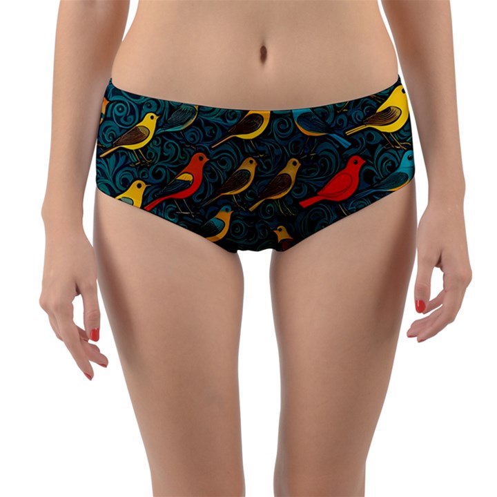 Bird Pattern Colorful Reversible Mid-Waist Bikini Bottoms