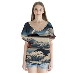 Hokusai Moutains Japan V-neck Flutter Sleeve Top