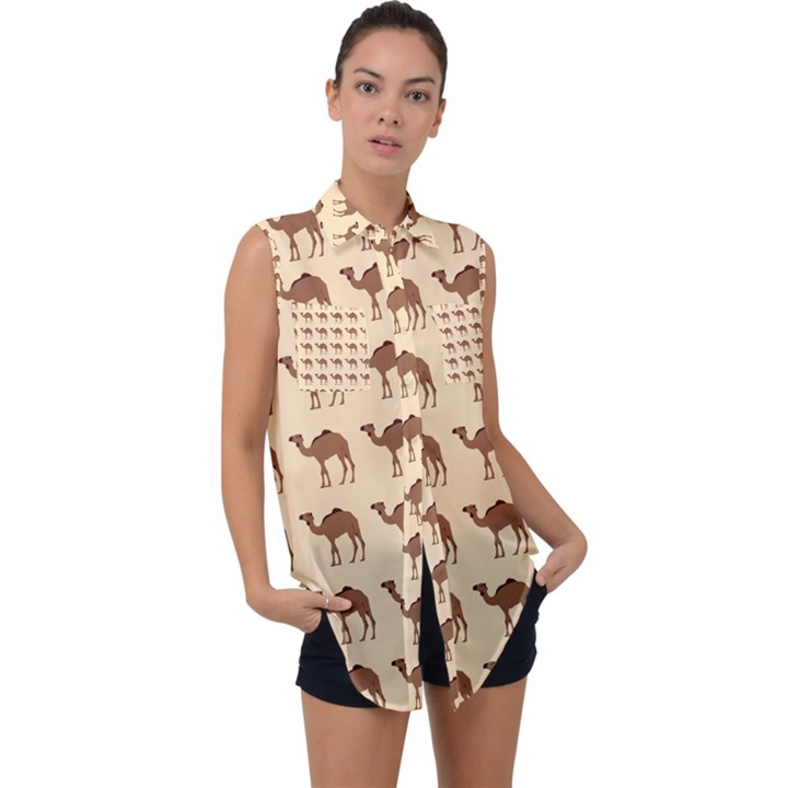 Camel Pattern Design Clothing Sleeveless Chiffon Button Shirt