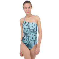 Blue Digits Background, Artwork, Numbers Classic One Shoulder Swimsuit