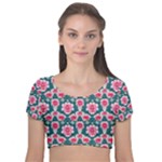 Retro 1880s Flowers Pattern 22 Velvet Short Sleeve Crop Top 