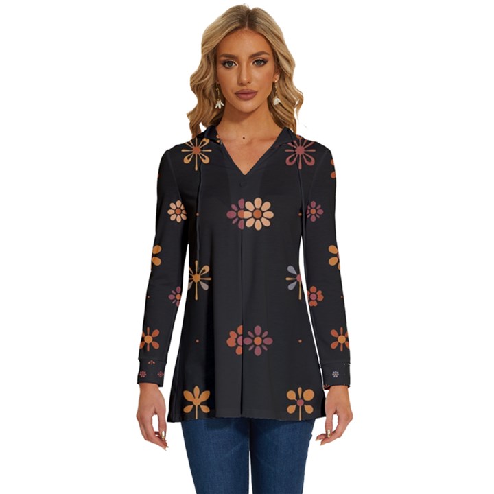 Minimalist Pattern With Simple Lines,flower And Shapes, Creating A Clean And Modern Long Sleeve Drawstring Hooded Top