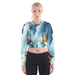 Delicate Watercolor Painting Surreal Oasis Scene With Intense Dramatic Lighting Cropped Sweatshirt