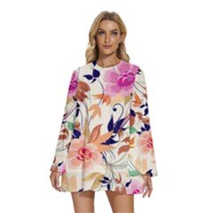 Abstract Floral Background Round Neck Long Sleeve Bohemian Style Chiffon Mini Dress