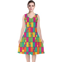 Abstract-background V-neck Midi Sleeveless Dress 