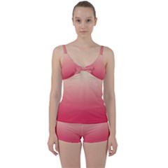 Cream Yellow To Crimson Red Linear Gradient Tie Front Two Piece Tankini