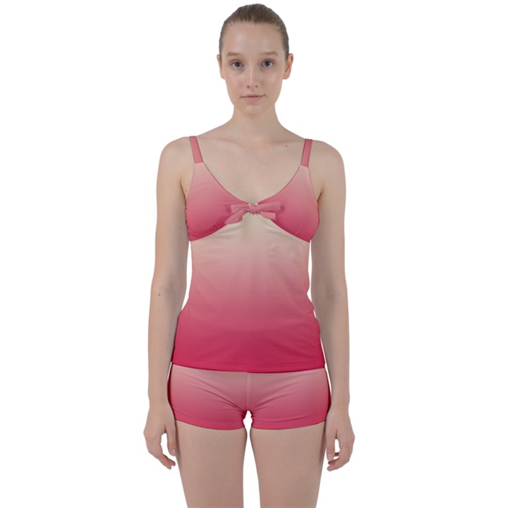 Cream Yellow To Crimson Red Linear Gradient Tie Front Two Piece Tankini