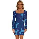 Blue Camouflage Pattern Long Sleeve Square Neck Bodycon Velvet Dress