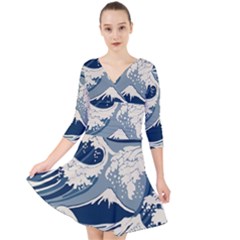 Japanese Wave Pattern Quarter Sleeve Front Wrap Dress