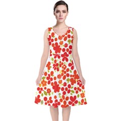 Mid Century Retro Floral 1970s 1960s Pattern 92 V-neck Midi Sleeveless Dress 