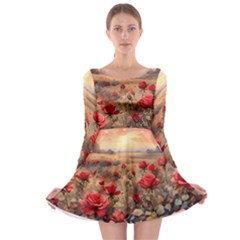 Roses Flower Field Sunset Nature Long Sleeve Skater Dress