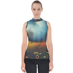 Wildflowers Field Outdoors Clouds Trees Cover Art Storm Mysterious Dream Landscape Mock Neck Shell Top