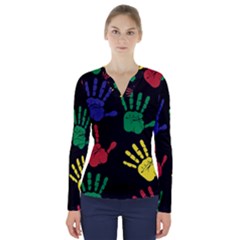 Handprints Hand Print Colourful V-neck Long Sleeve Top