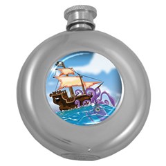 Pirate Ship Attacked By Giant Squid Cartoon  Hip Flask (round)