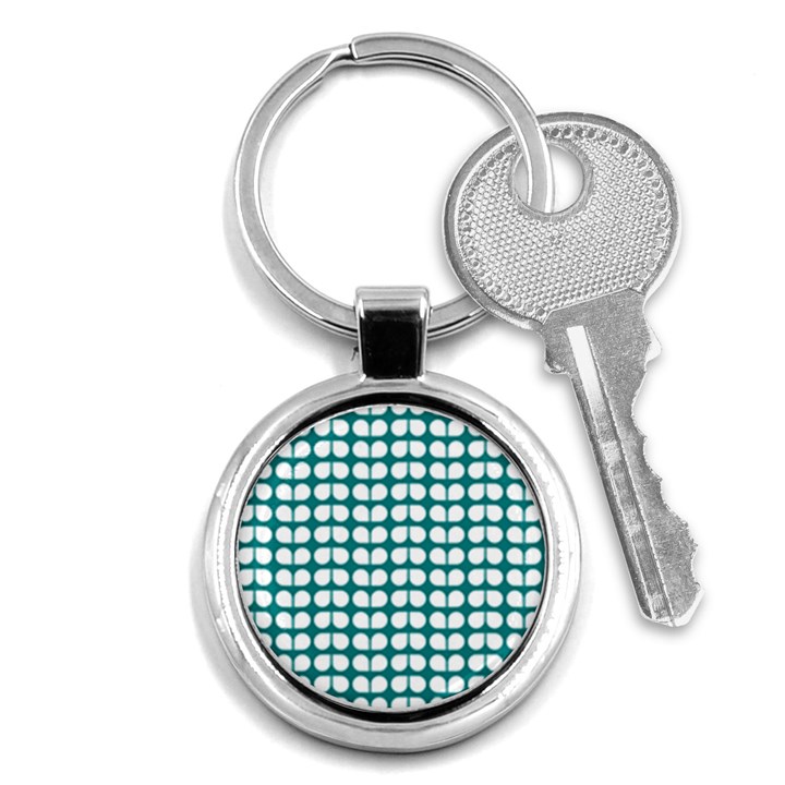 Teal And White Leaf Pattern Key Chains (Round) 