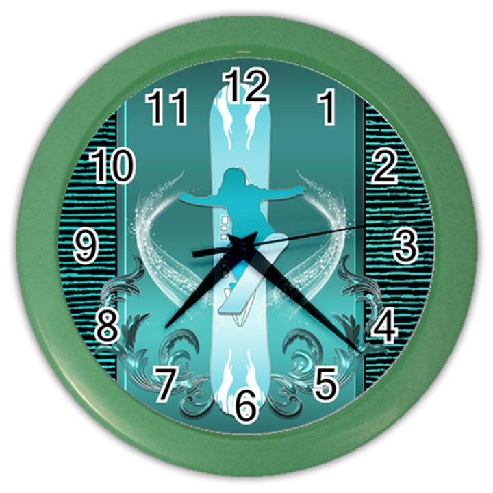Snowboarder With Snowboard Color Wall Clocks