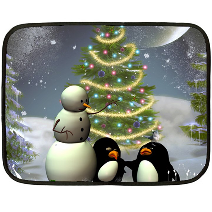 Funny Snowman With Penguin And Christmas Tree Fleece Blanket (Mini)