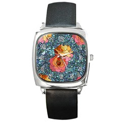 Pattern Rose Yellow Background Square Metal Watch