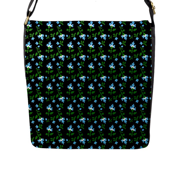 Carnation Pattern Black Flap Closure Messenger Bag (L)