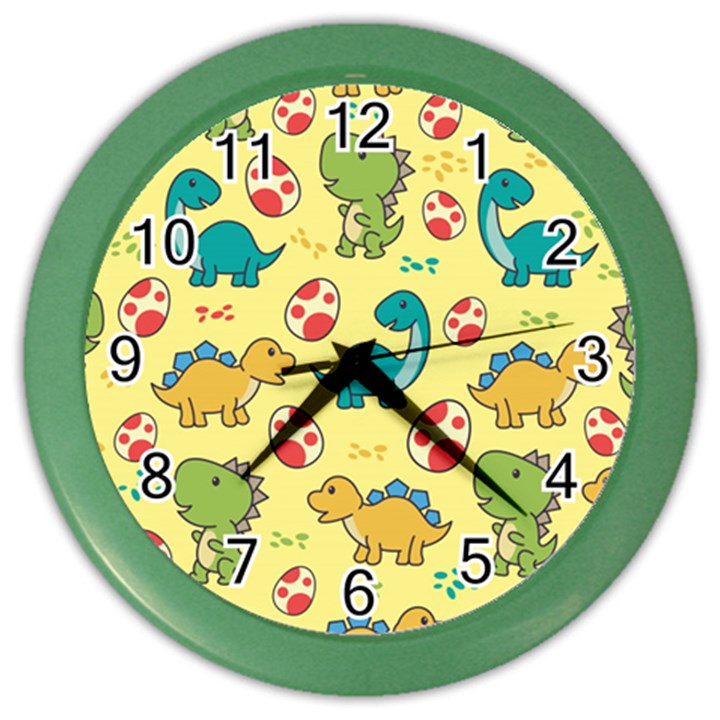 Seamless pattern with cute dinosaurs character Color Wall Clock