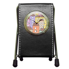 Houses City Architecture Building Pen Holder Desk Clock