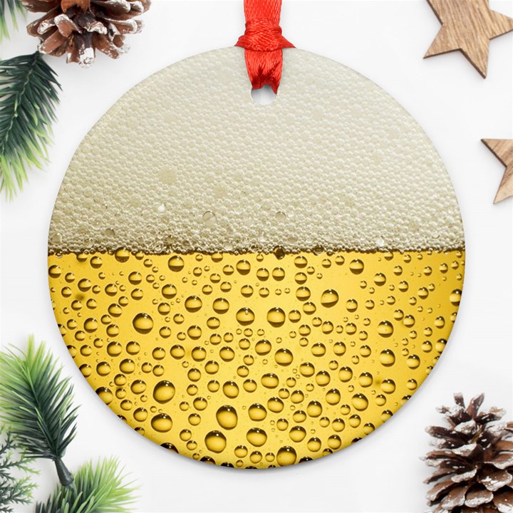 Texture Pattern Macro Glass Of Beer Foam White Yellow Art Ornament (Round)